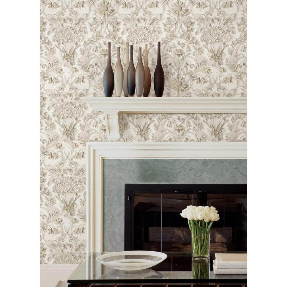 Taupe Damask Self-Adhesive Wallpaper with Rabbit and Bird Design