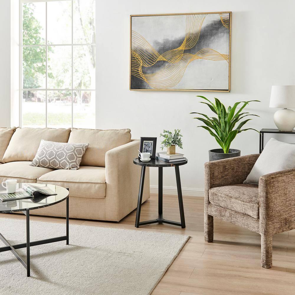 Danya B. 23.3"x19.7" Harper Round Mid-Century Side Accent Table with Modern Pedestal Legs Black Marble/Black: Chic Furniture for Living Room