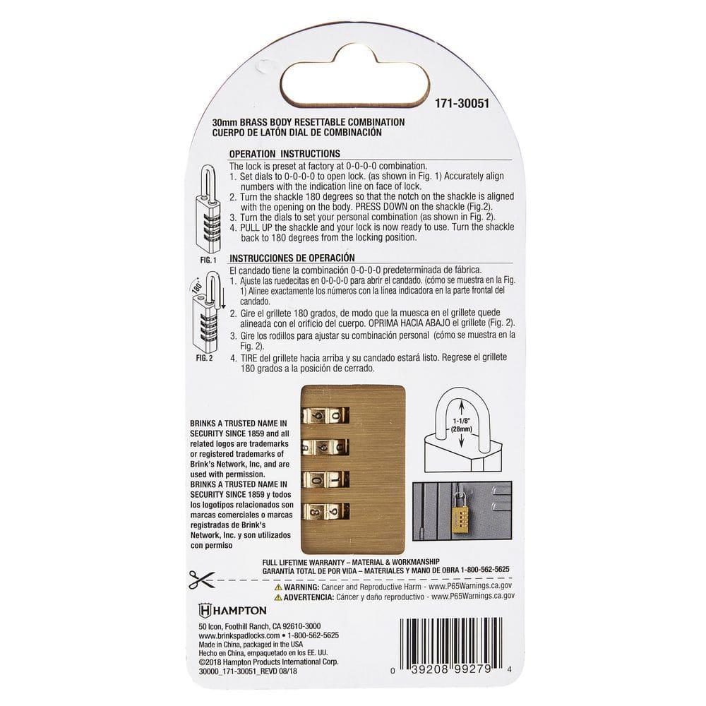 Brinks Home Security 171-30051: 30Mm Solid Brass, Resettable Combination