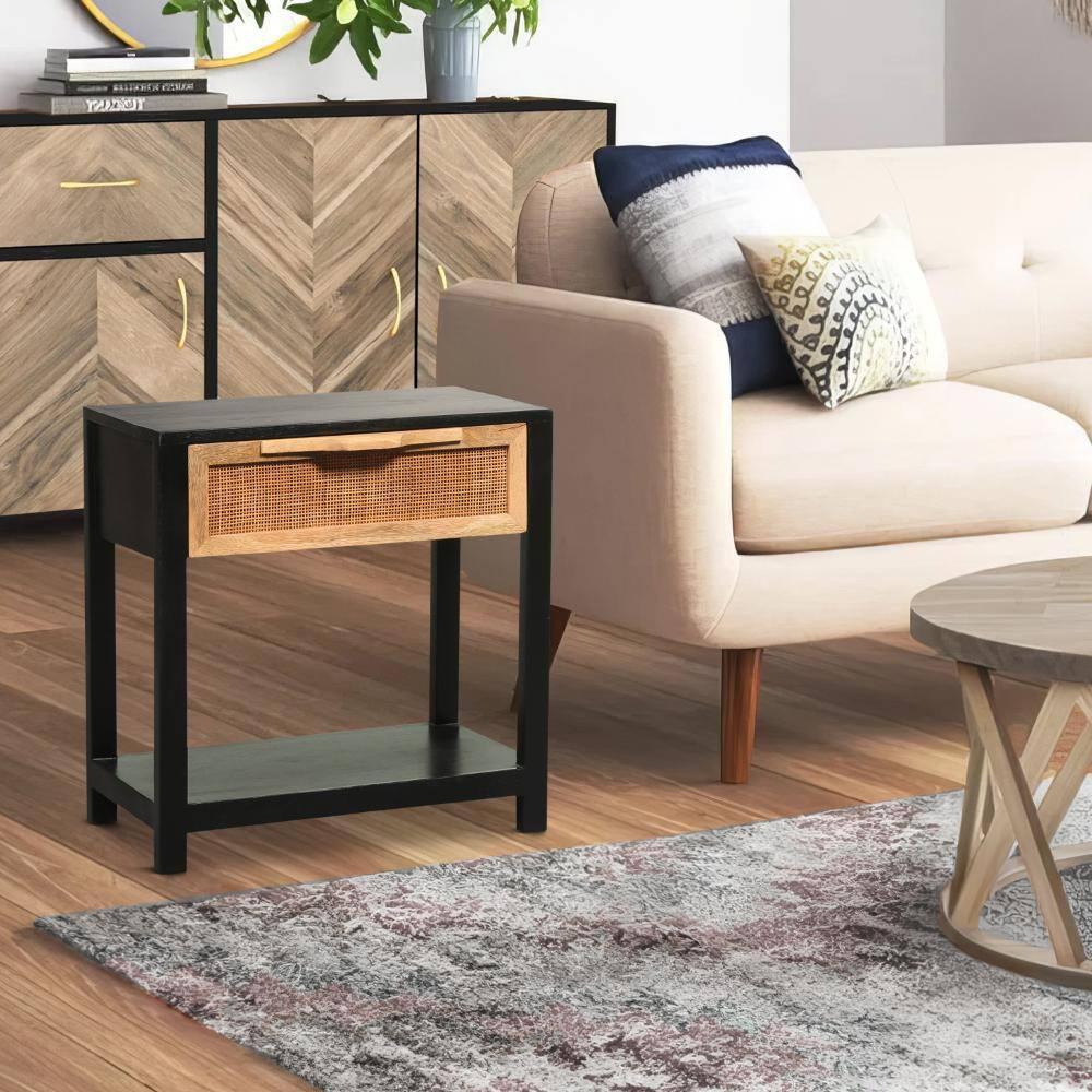 Benzara 22" Side Table with Rattan Front Drawer and Open Shelf Mango Wood Frame Black/Brown
