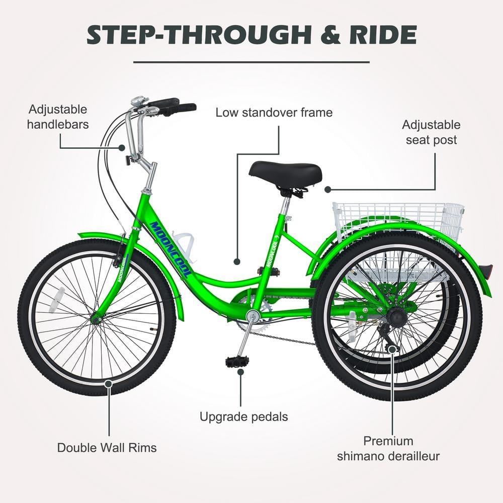 MOPHOTO Adult Tricycles 3 Wheel 7 Speed Trikes, 24 inch with Big Basket for Shopping, Picnics Exercise Men's Women's Cruiser Bike