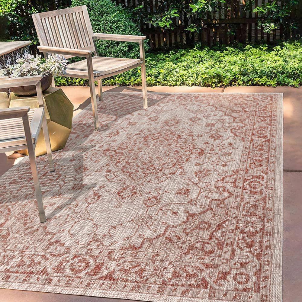 4'x6' Rozetta Boho Medallion Textured Weave Indoor/Outdoor Area Rug, Red/Taupe - JONATHAN Y
