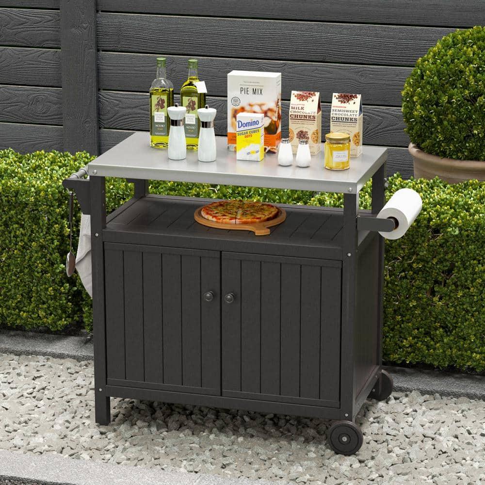 Outdoor Grilling Table with Storage,,Waterproof Outdoor Grill Cabinet,Stainless Steel Tabletop Outdoor Kitchen Island,BBQ Cart with Wheels,Hooks and Side Shelf