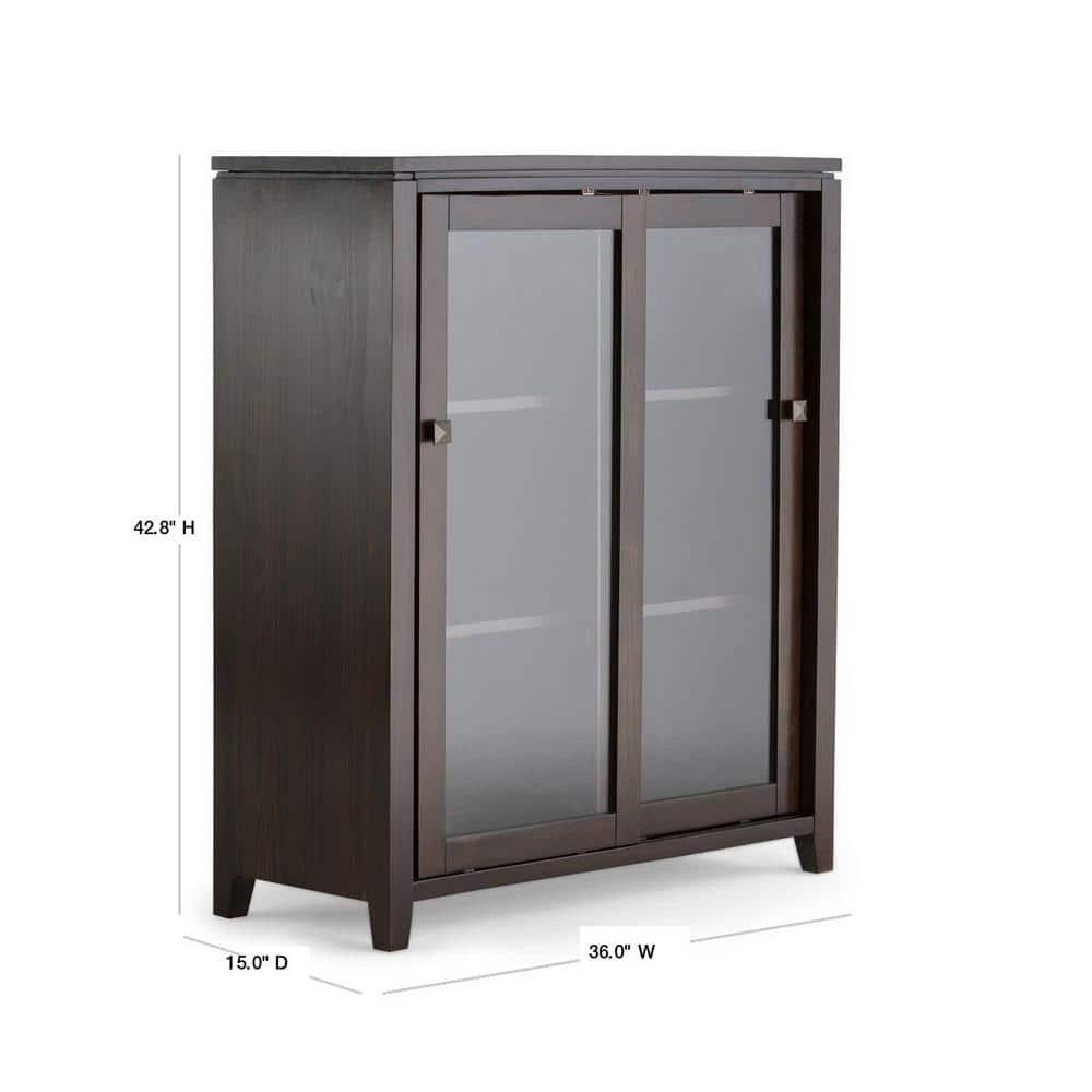 Simpli Home Cosmopolitan 36"W Solid Wood 4-Shelf Contemporary Medium Storage Cabinet with Sliding Glass Doors
