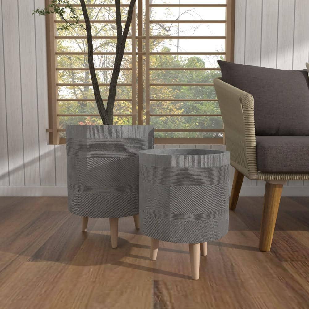 DecMode 13", 16"H Indoor Outdoor Gray Ceramic Planter with Wood Legs (2 Count)