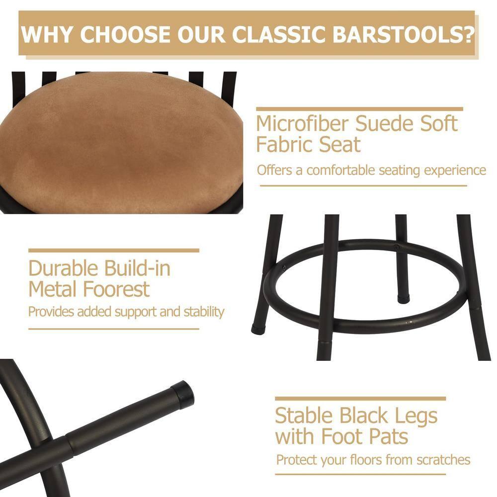 FurnitureR Brown Velvet 24'' Counter Stool Swivel High Back Barstools(Set of 2)