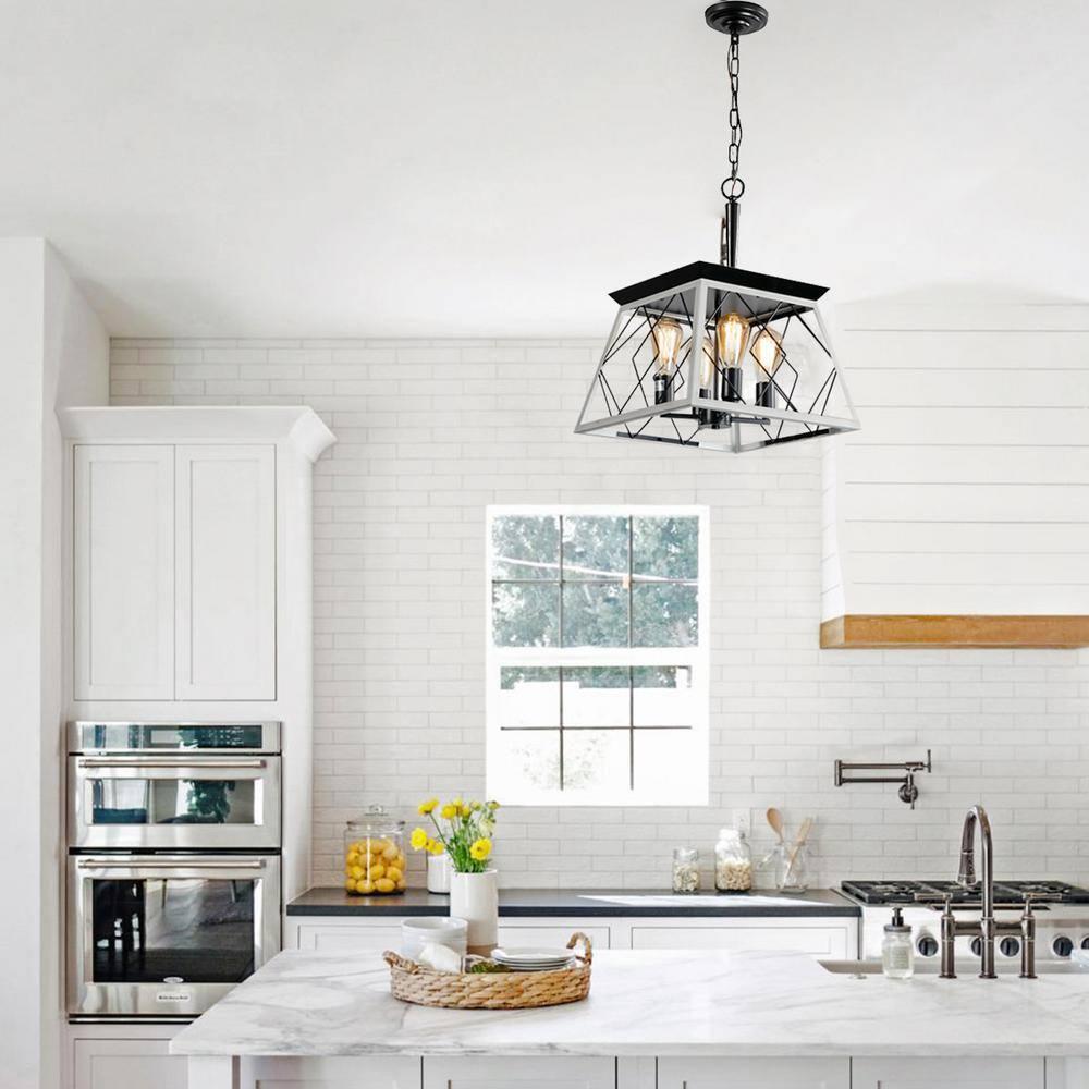 White and Black Metal Cage Square Pendant Chandelier