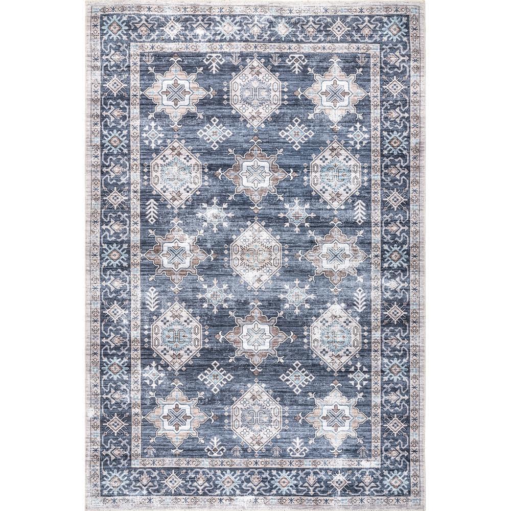 Nuloom Finley Medallion 5x8 Machine Washable Indoor Area Rug for Living Room Bedroom Dining Room Kitchen, Blue/Grey