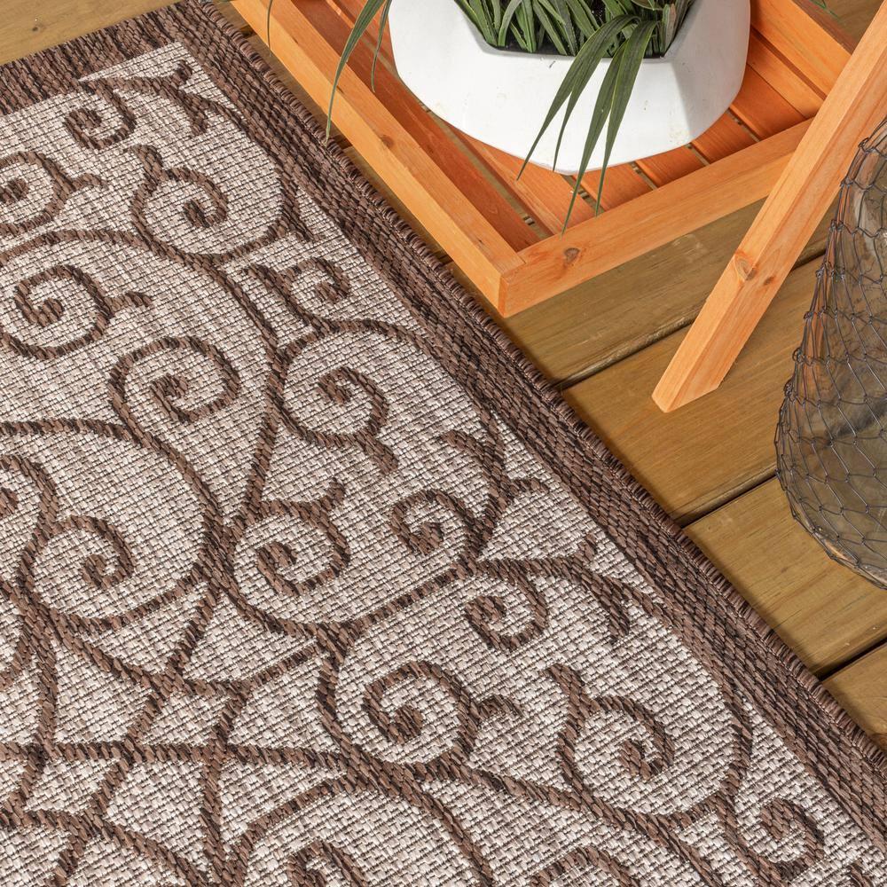 5' Square Madrid Vintage Filigree Textured Weave Indoor/Outdoor Area Rug, Taupe/Espresso - JONATHAN Y