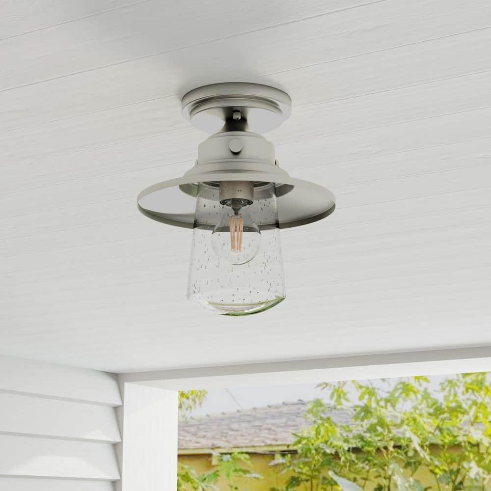 Progress Lighting Tremont 1-Light Matte Black Clear Seeded Glass Outdoor Semi-Flush Mount, Stainless Steel