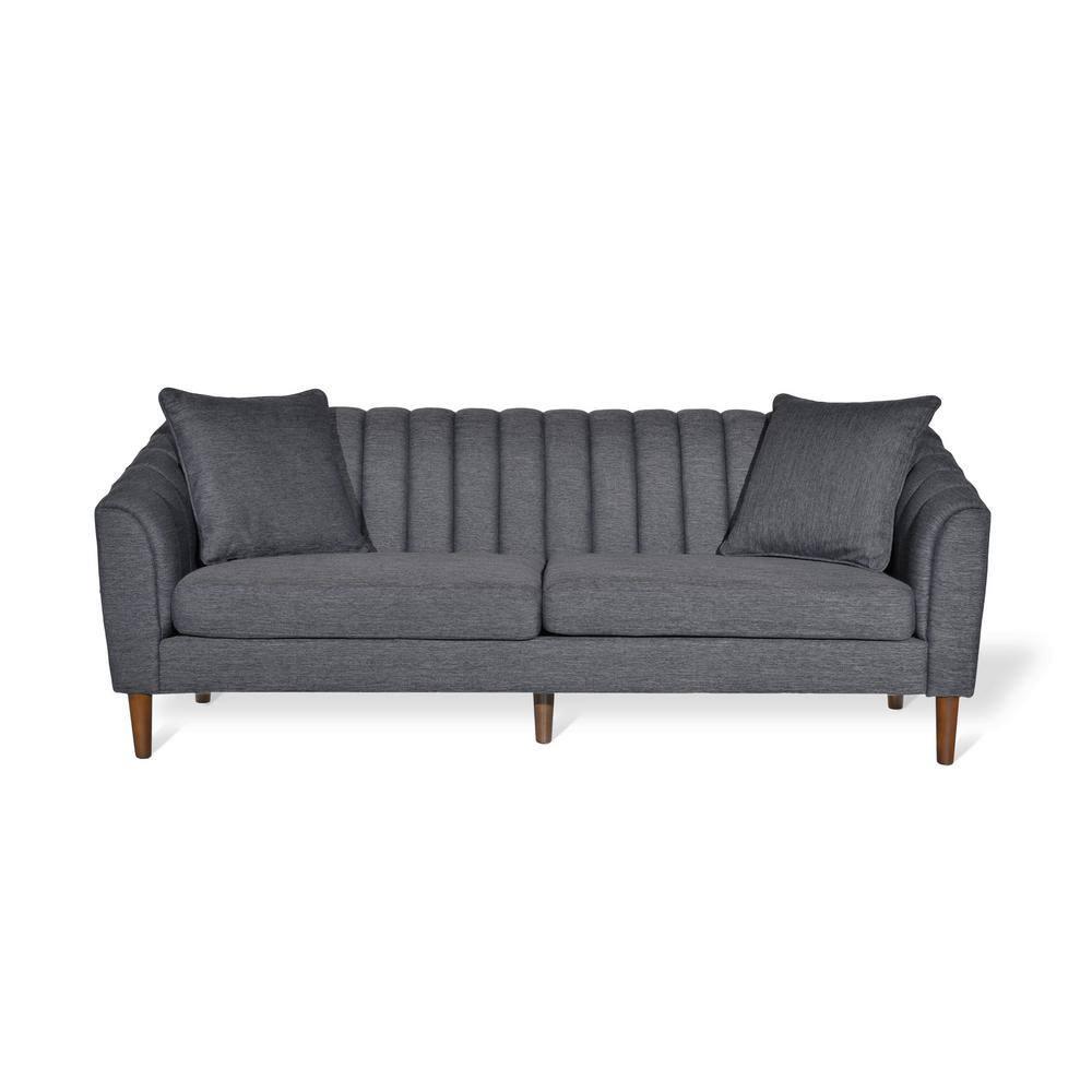 Noble House Currie Fabric Tufted 3 Seater Sofa, Charcoal, Dark Walnut