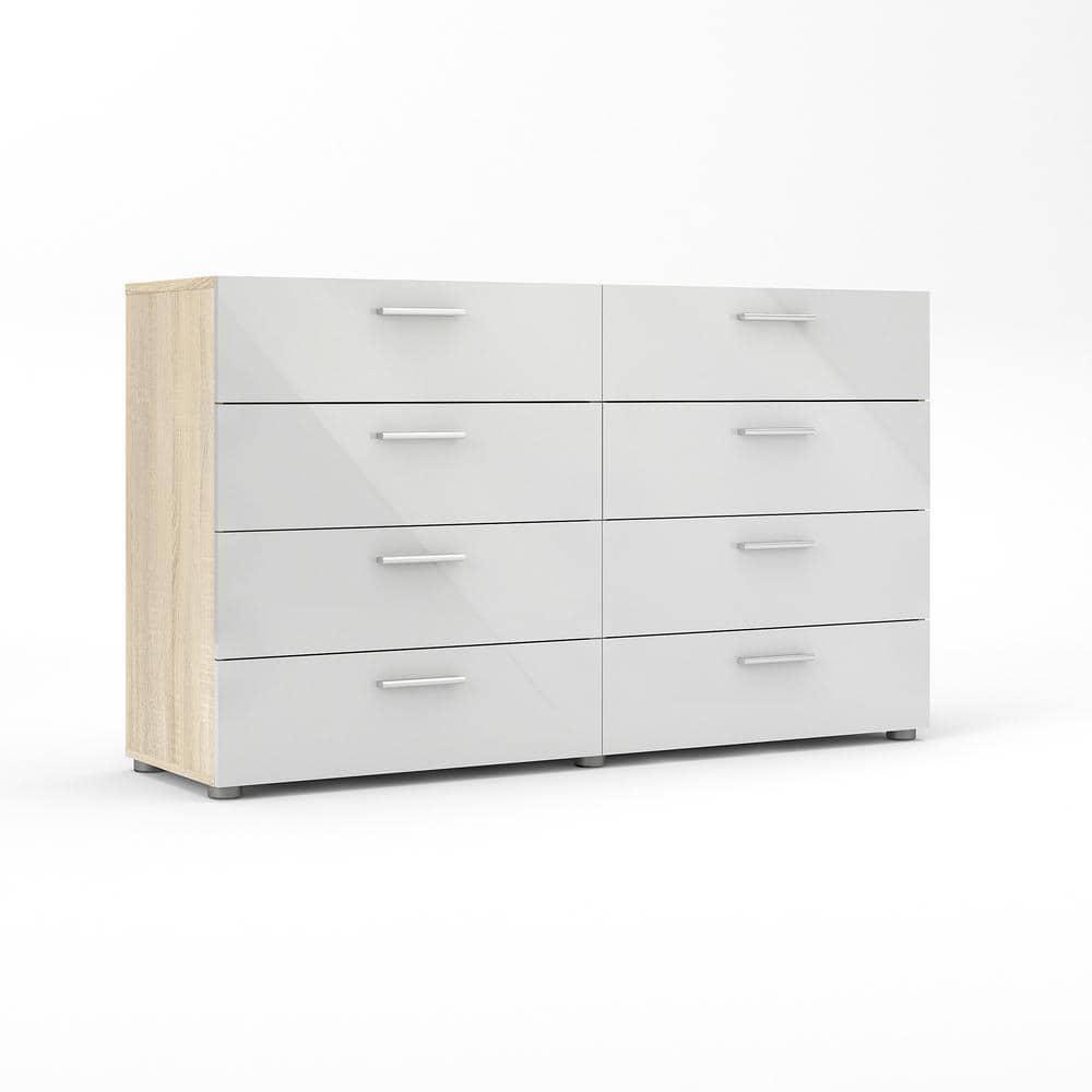 Tvilum Loft 8 Drawer Double Dresser for Adults, Oak Structure and White High Gloss