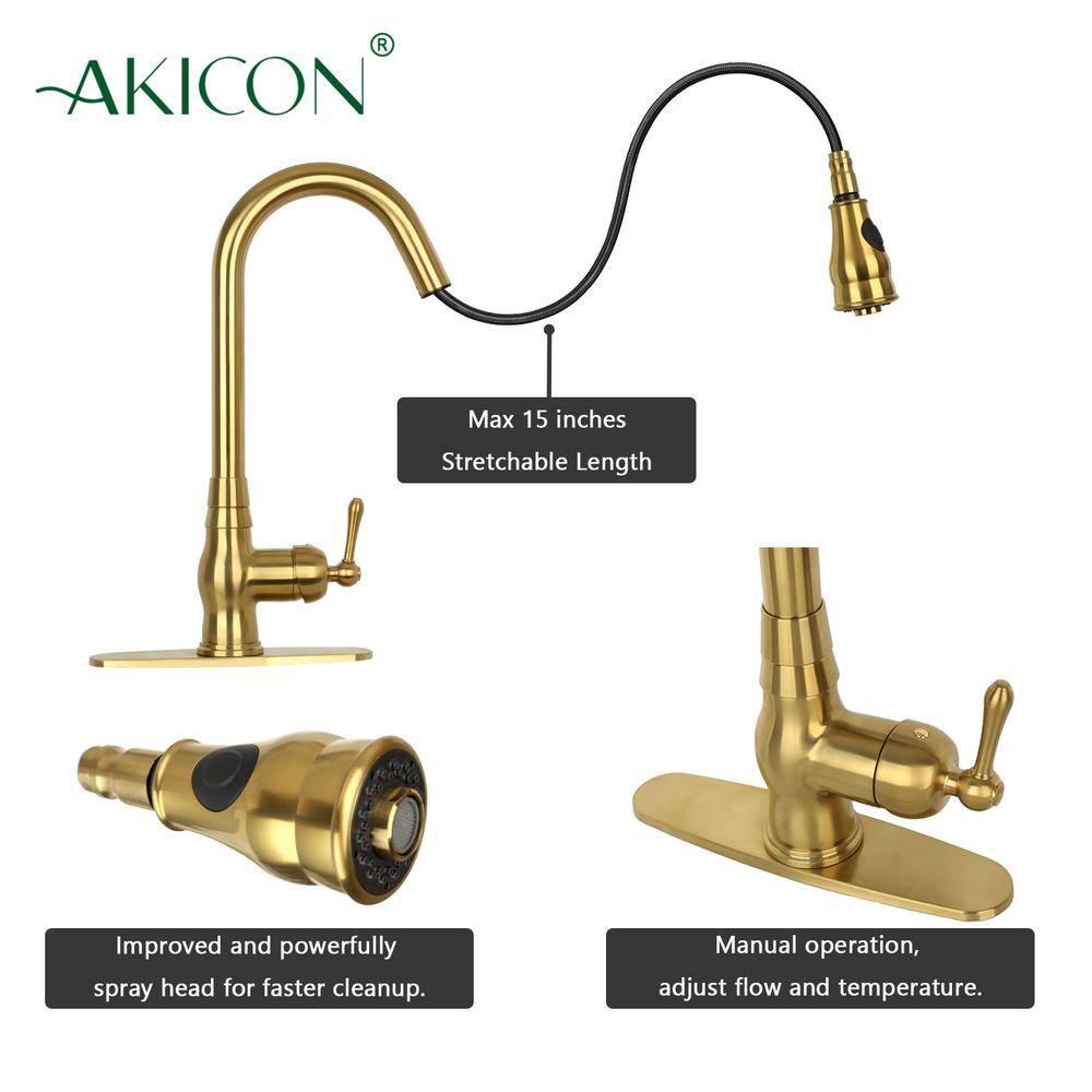 Akicon One-Handle Pull-Down Kitchen Faucet Single Level Solid Brass Kitchen Sink Faucet with Deck Plate (Brushed Gold)