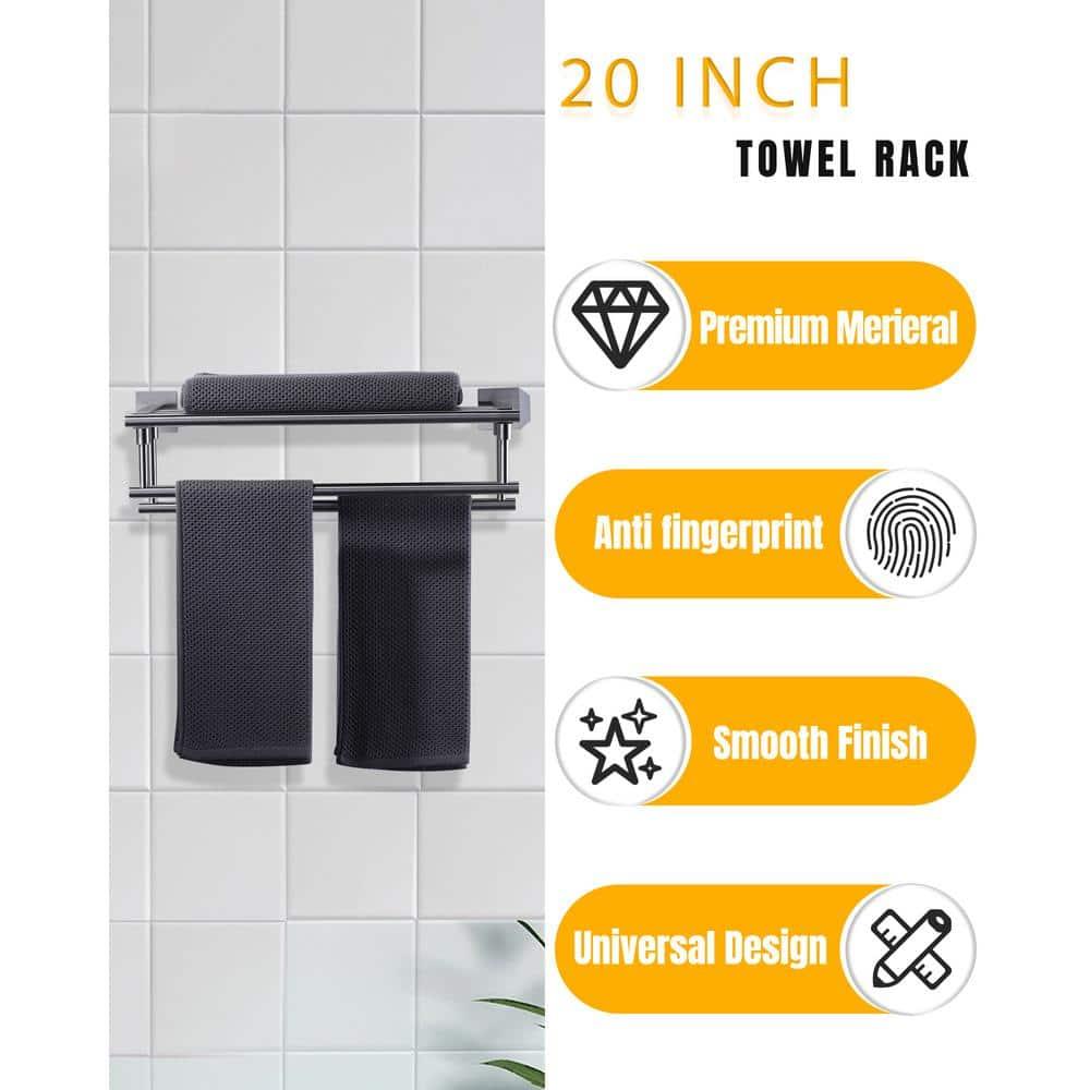 2-Tier 20" Wall Mounted Stainless Steel Bathroom Towel Rack With 2 Towel Bars Round Rods