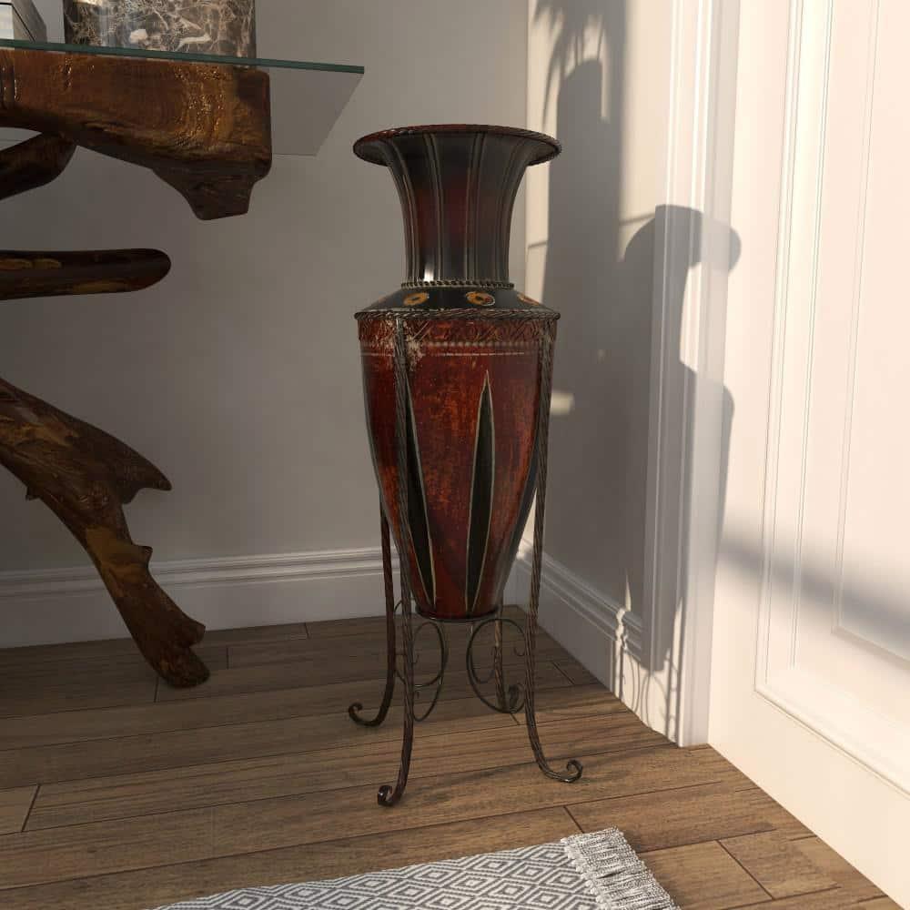DecMode 27" Tall Brown Metal Vase with Attached Metal Stand and Intricate Design
