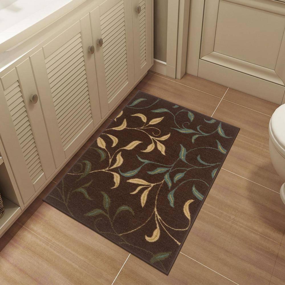 Ottohome Non-Slip Leaves Area Rug For Living Room, Hallway Runner, Entryway Rug, Brown