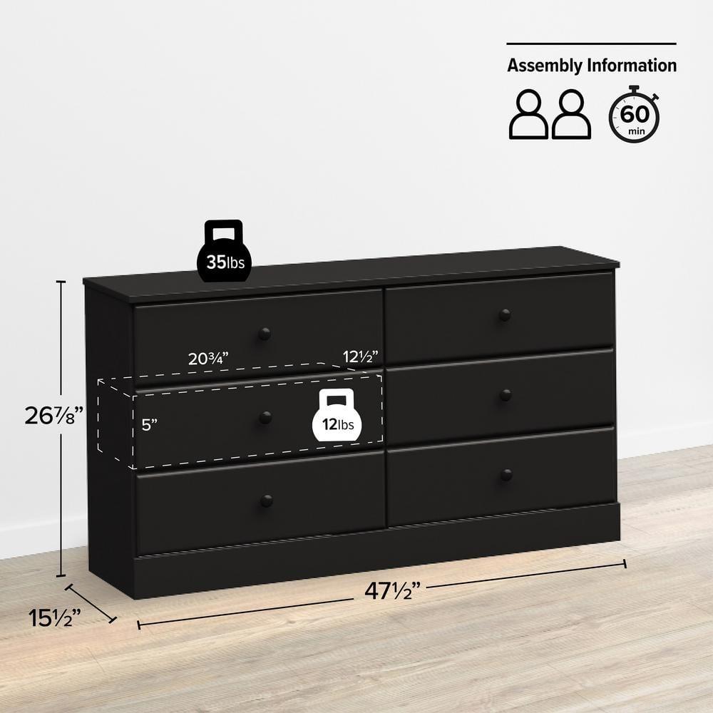 Prepac Astrid 6 Drawer Dresser Black: Laminated Wood Composite, Metal Hardware, Safety Stops