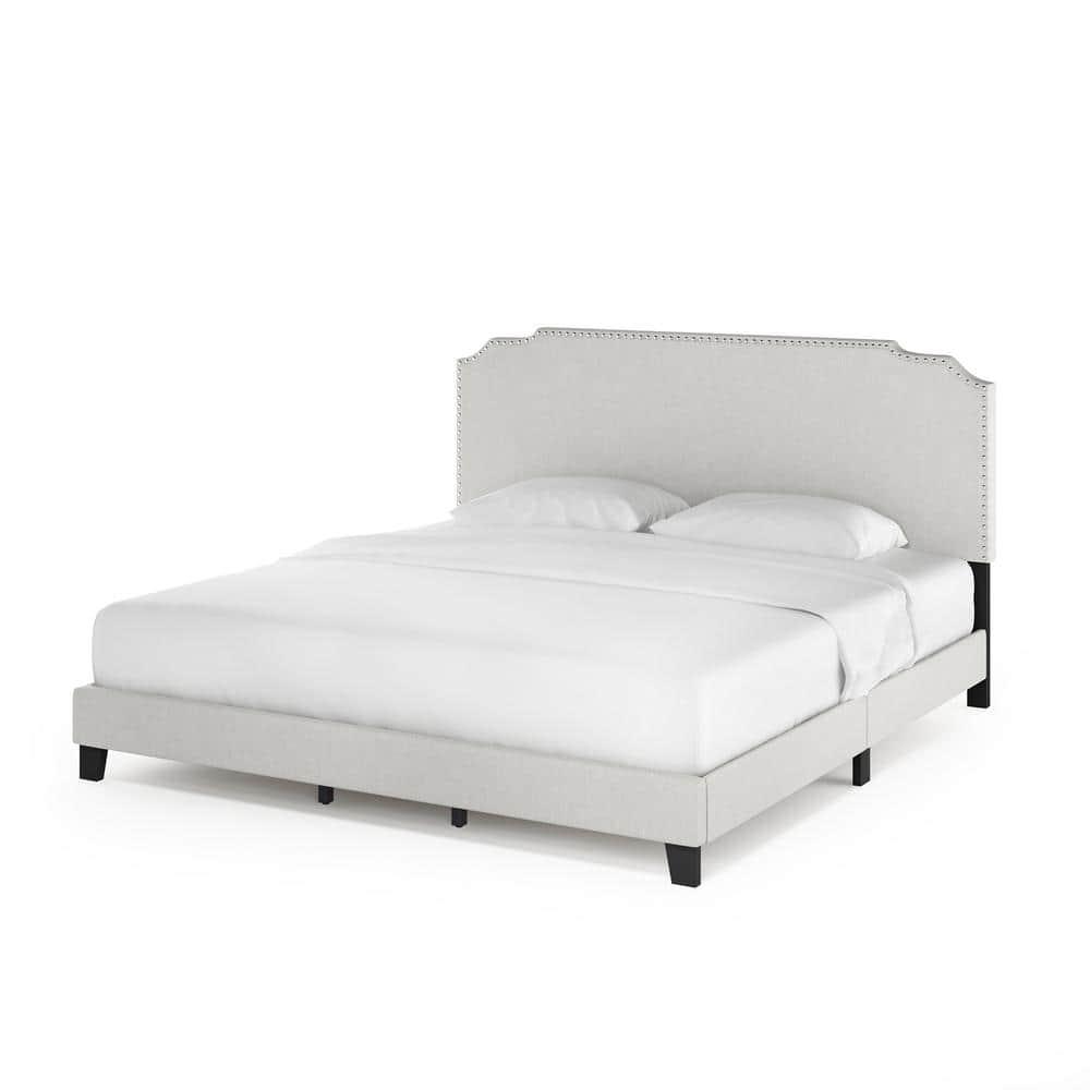 Furinno Nadia Nailhead, King, Linen,Trim Bed Frame "with" Storage and Mattress, Gray