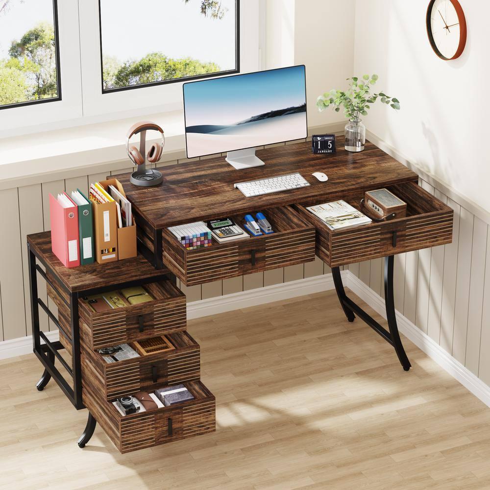 Tribesigns Computer Desk with 5 Drawers, 55" Home Office Desk with Reversible Drawer Cabinet