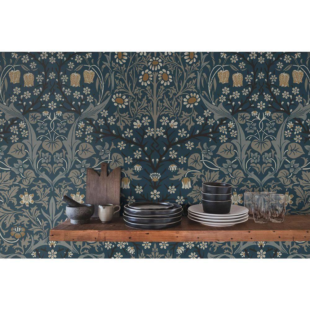NextWall  Victorian Garden Floral Peel and Stick Wallpaper 20.9 in. W x 18 ft. L - Aegean Blue & Warm Stone