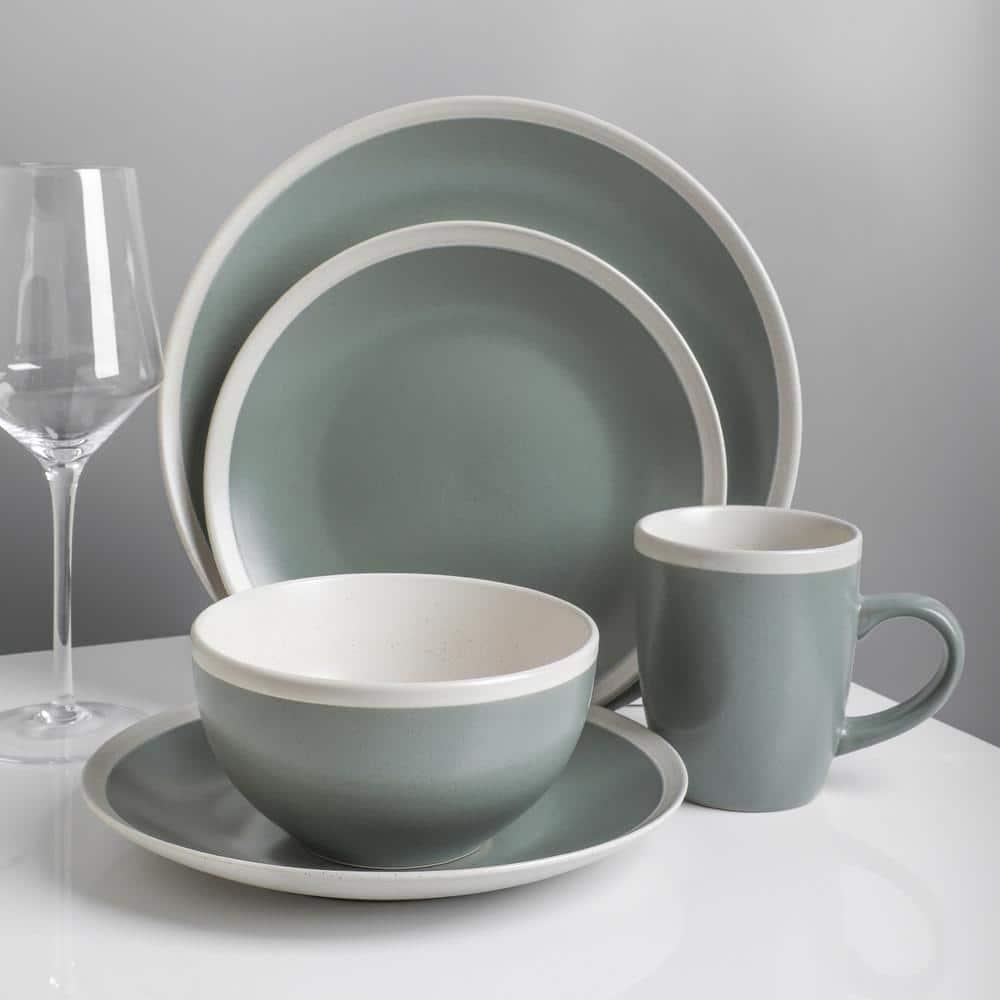 Stone Lain Serenity 16-Piece Stoneware Dinnerware Set, Service for 4, Green and Cream