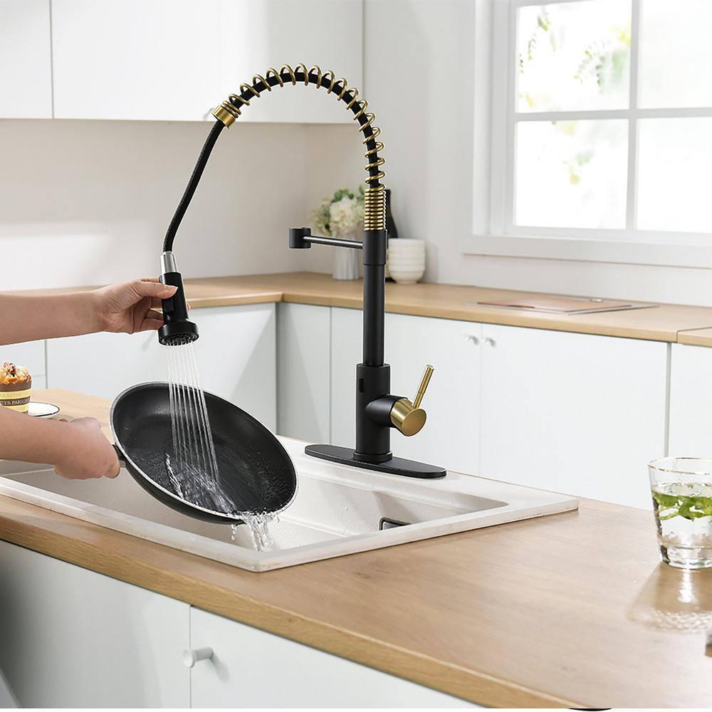 GIMILI Black and Gold Touchless Kitchen Faucet with Pull Down Sprayer Motion Sensor Smart Hands-Free Activated Single Hole Spring Faucet for Kitchen Sink