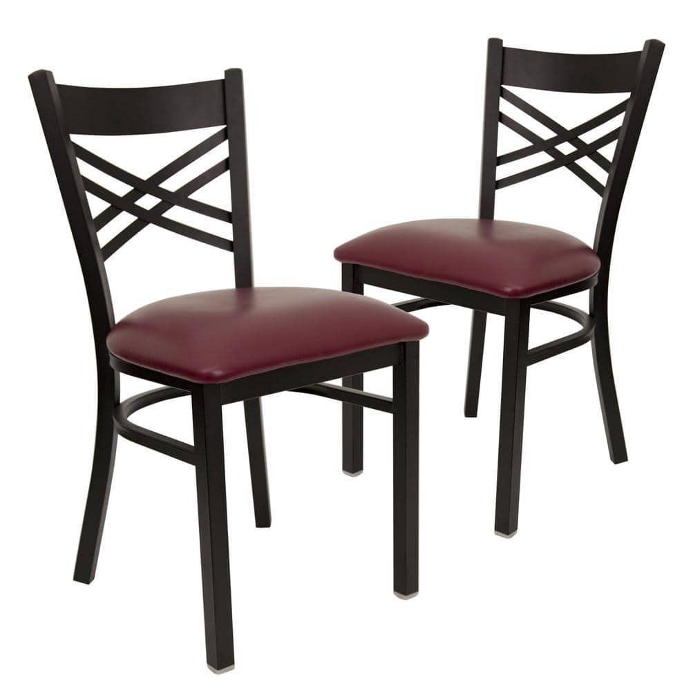 TiaGOC 2 Pack HERCULES Series Black ''X'' Back Metal Restaurant Chair - Burgundy Vinyl Seat