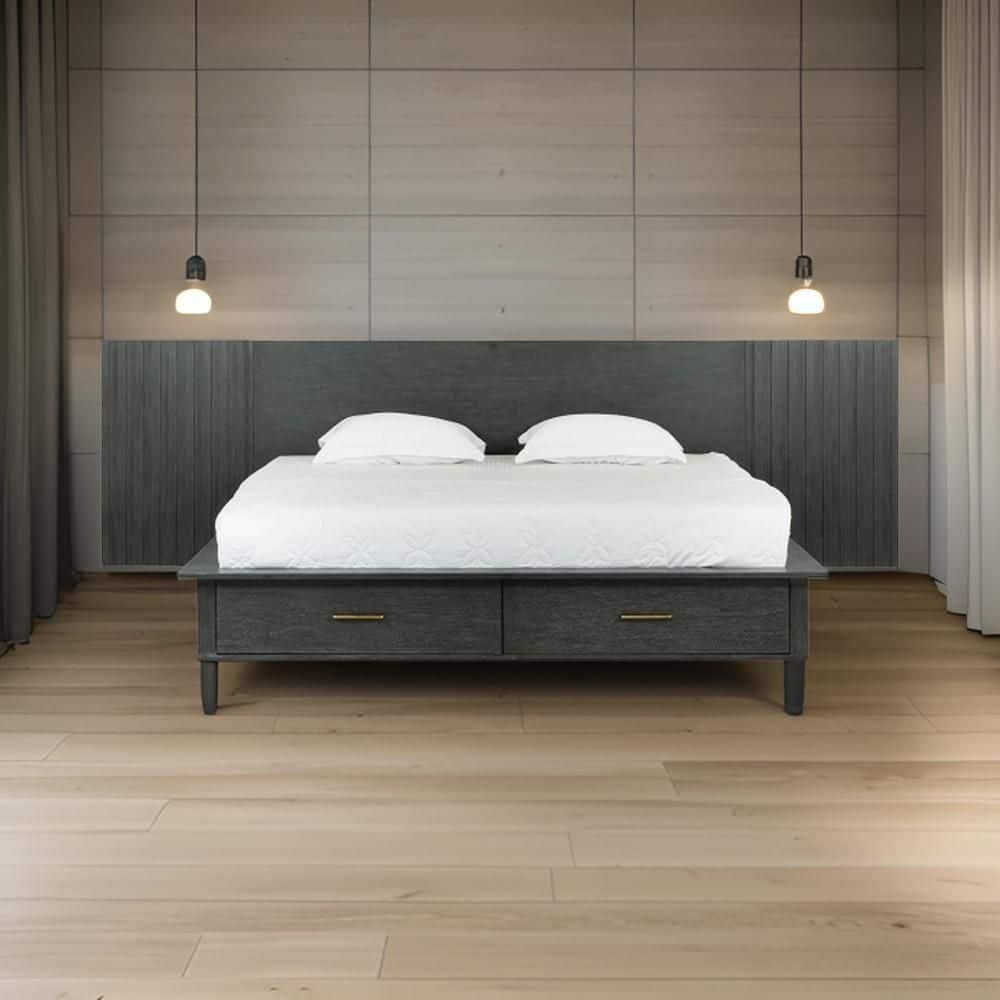 Benjara Cid Queen Platform Bed, 2 Drawers, Wall Headboard