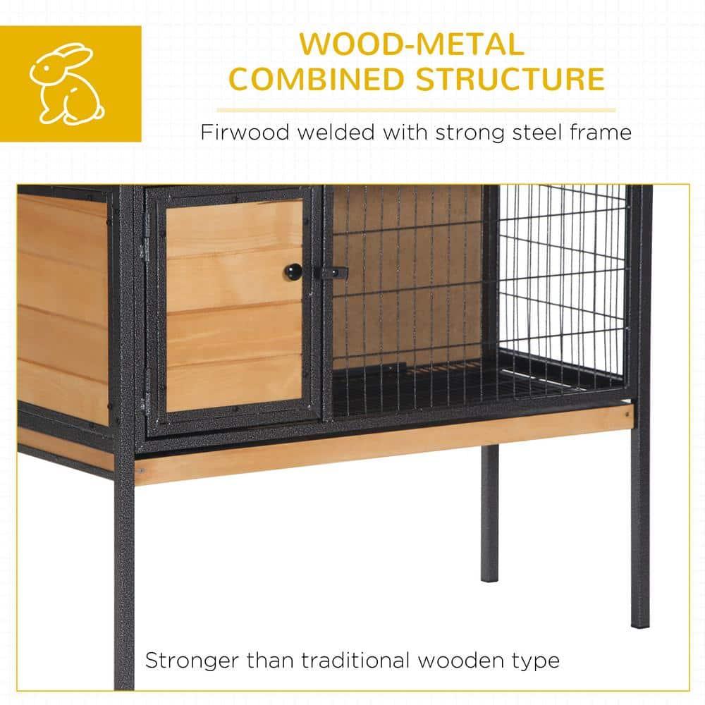 PawHut Rabbit Hutch Elevated Bunny Cage Small Animal Habitat with Metal Frame, Wire Pan, and Asphalt Roof for Indoor/Outdoor Natural Wood