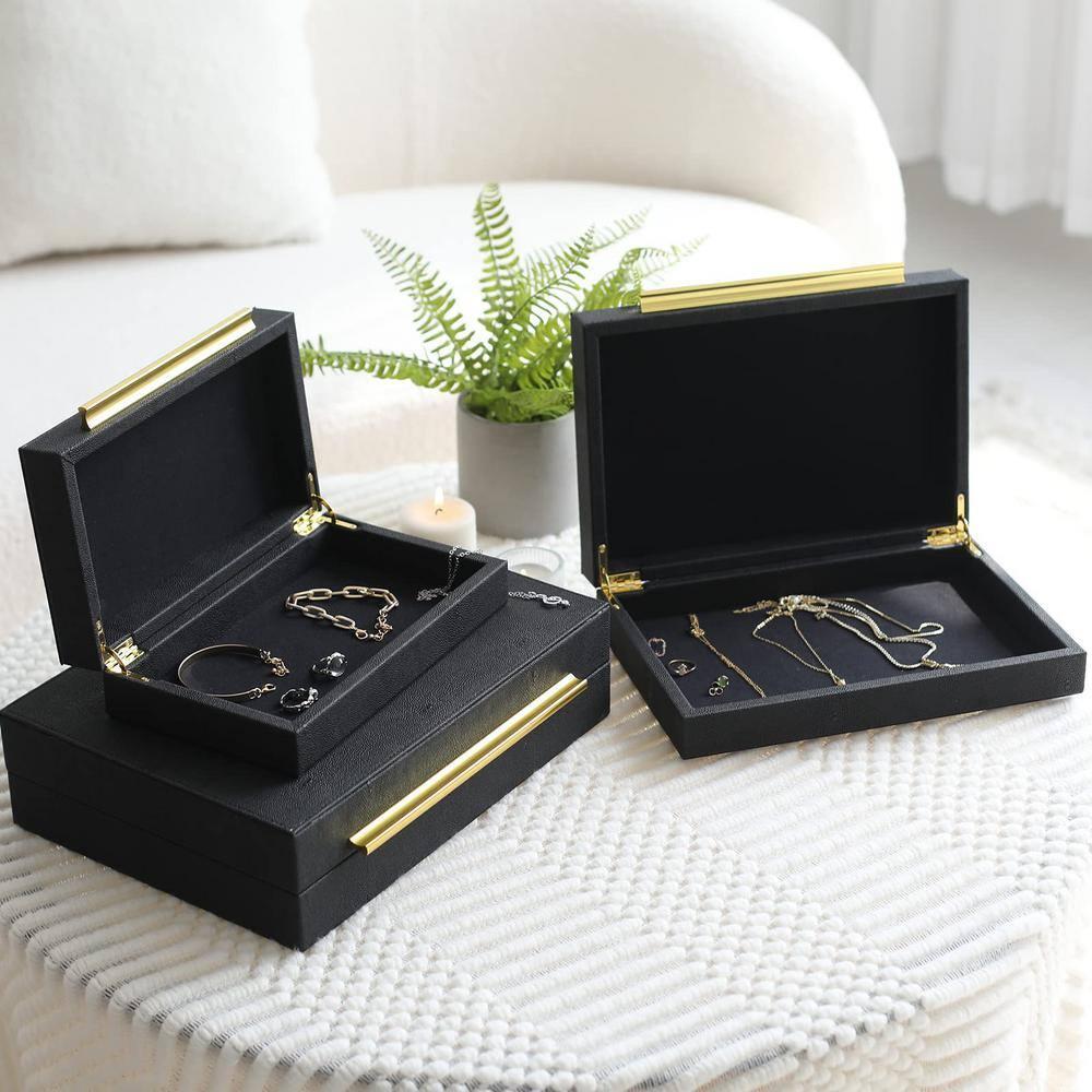 Faux  Leather Decorative Jewelry Storage Nesting Organizer Boxes with Lids Gold Handle Set of 3, Black