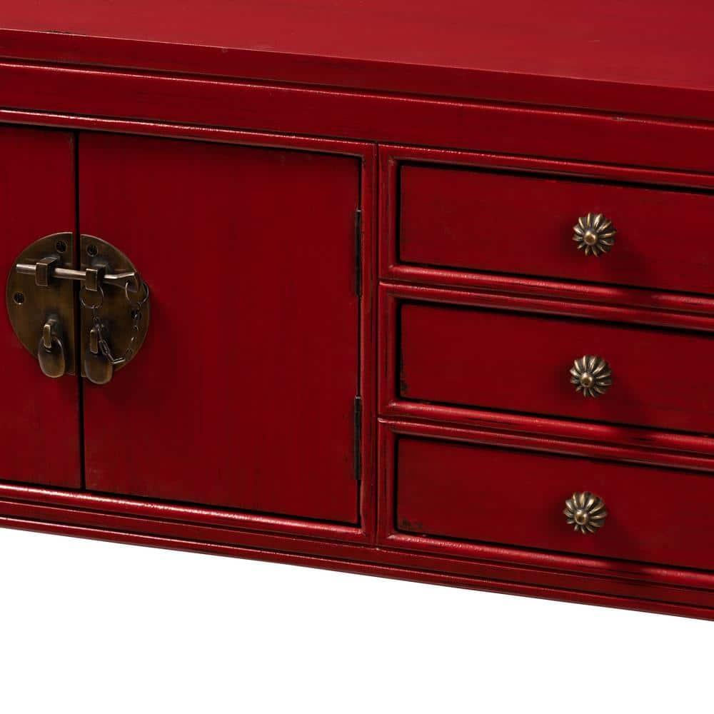 Melodie 6 Drawer Console Table Red - Baxton Studio: Antique-Inspired, Bayur Wood, Bronze Handles
