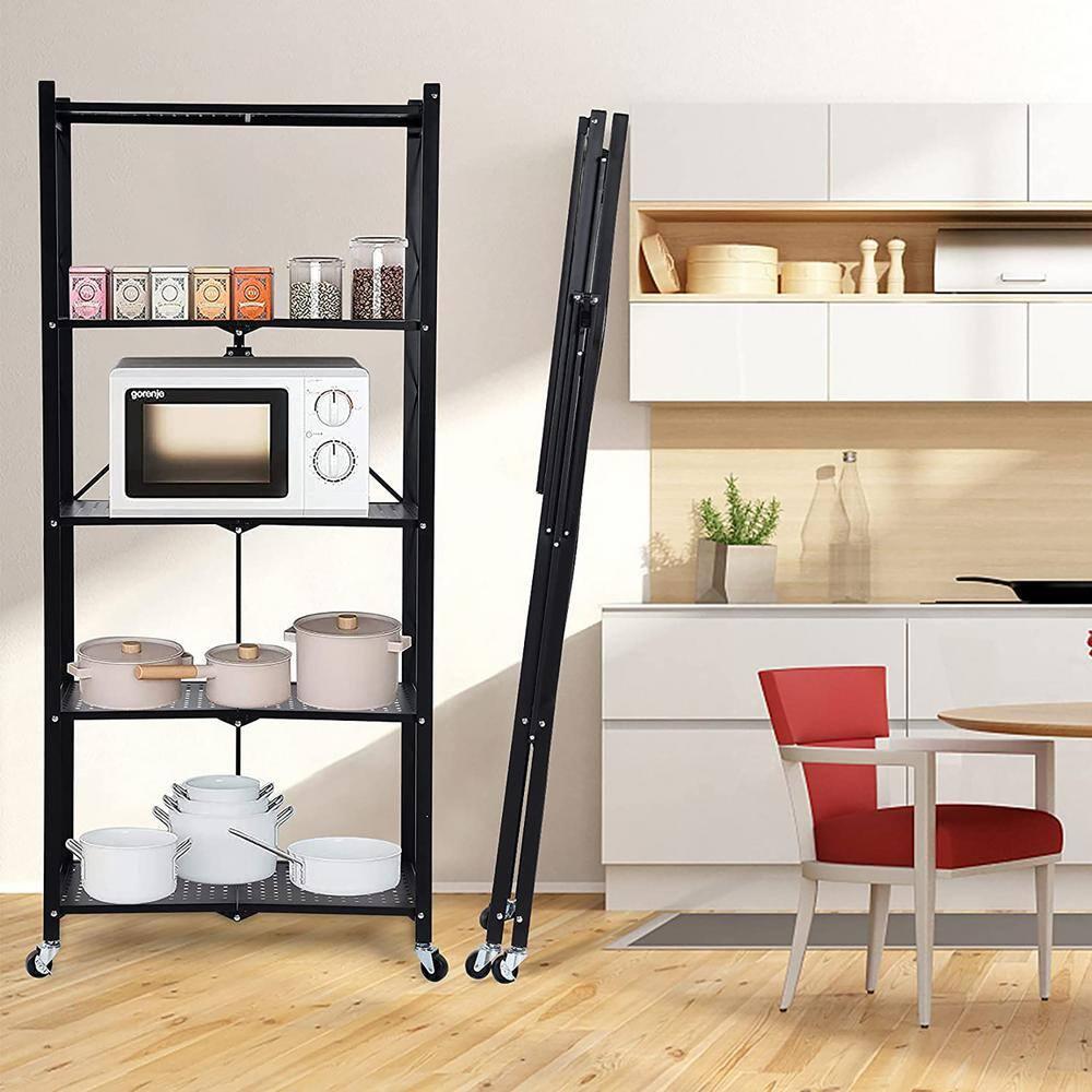5-Tier Black Metal Kitchen Shelf Foldable Storage Rack with WheelsMultifunctional Cart
