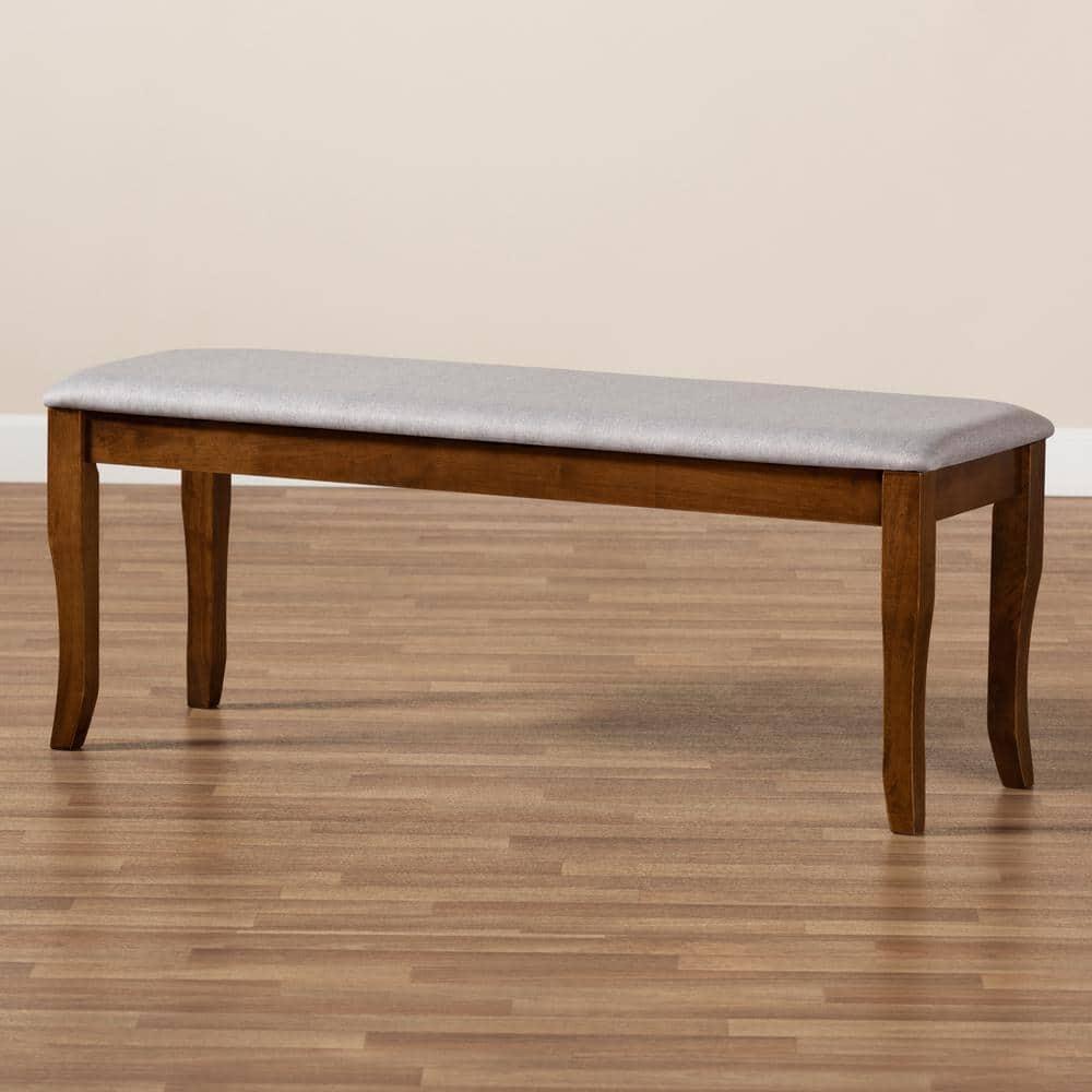 Everly Quinn Violette Modern and Contemporary Gray Fabric Upholstered and Walnut Brown Finished Wood Dining Bench