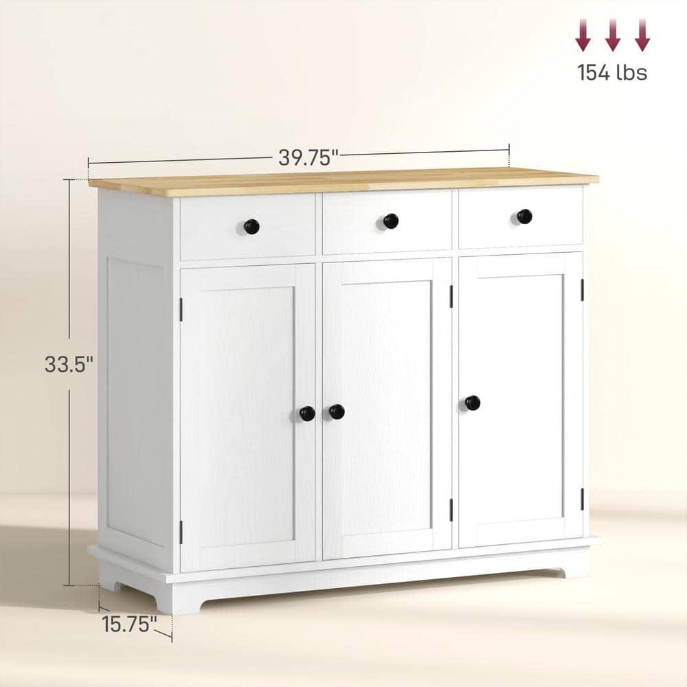 HOMCOM Kitchen Storage Cabinet, Sideboard Floor Cupboard with Solid Wood Top, Adjustable Shelf, and 3 Drawers for Living Room, Distressed White