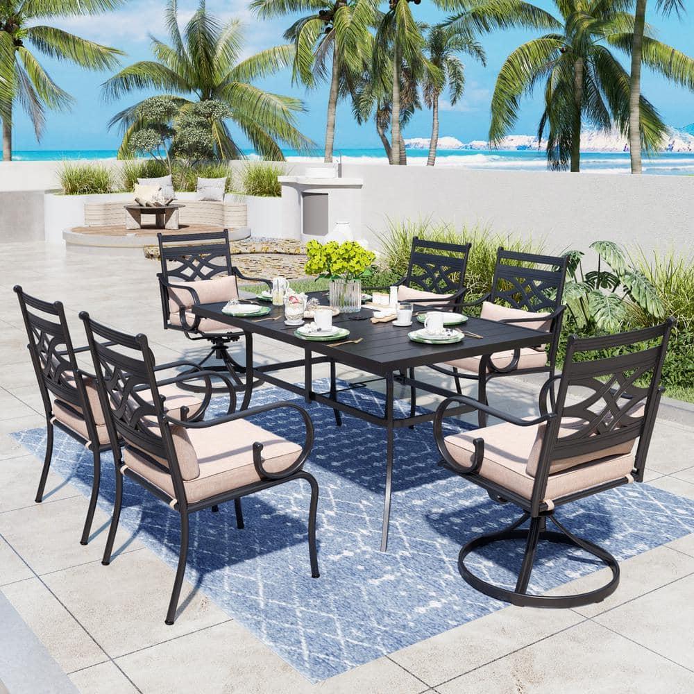 Summit Living 7-Piece Outdoor Patio Dining Set with 6 Swivel Cushioned Chairs & 1 Metal Steel Table, Black & Beige