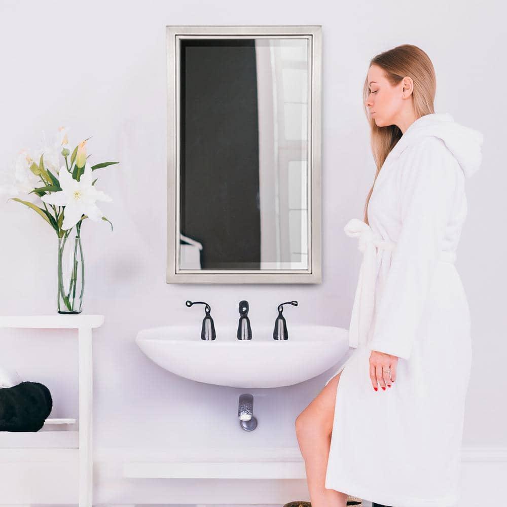 Head West Recessed Medicine Cabinet with Mirror - Brushed Nickel & Chrome Framed Beveled Edge Stainless Steel Bathroom Mirror with Storage - 16" x 26"