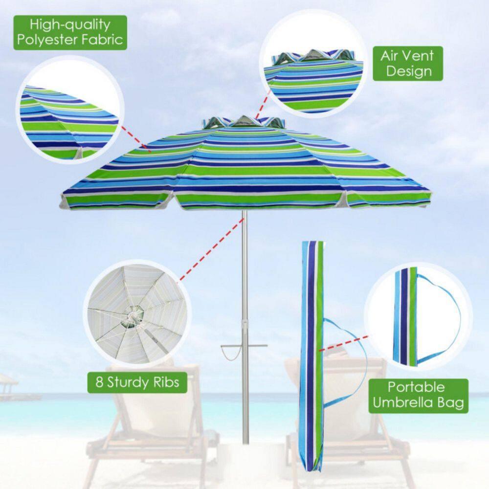 Tangkula 6.5Ft Beach Umbrella w/ Tilt Mechanism Sand Anchor Carrying Bag Blue + Green