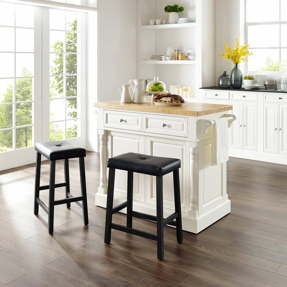 Crosley Furniture Oxford Wood Kitchen Island with Saddle Stools in White