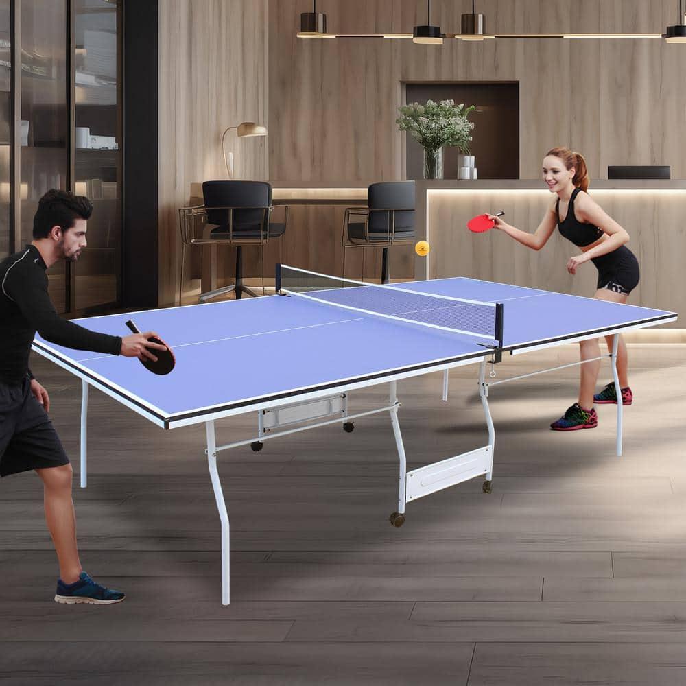 9ft Blue and Silver Foldable Table Tennis Set with Net and Paddles