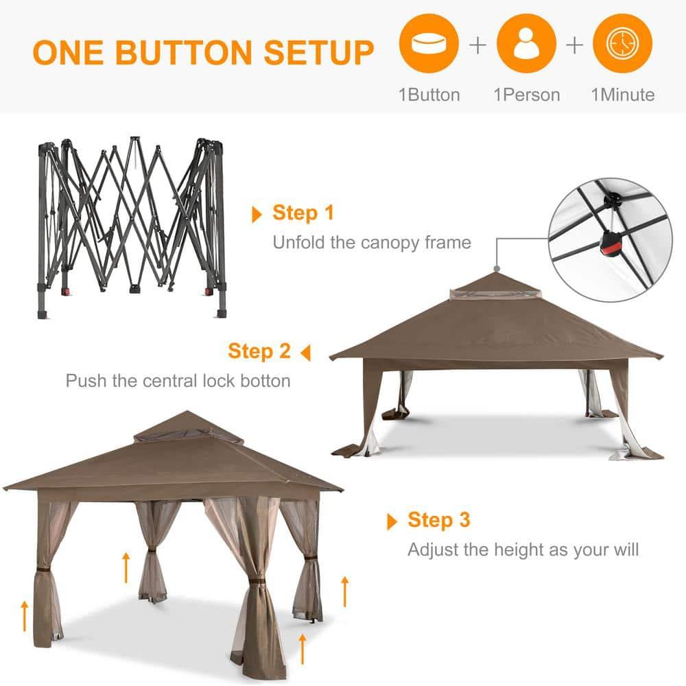 ABCCANOPY 13'x13' Gazebo Tent Outdoor Pop up Gazebo Canopy Shelter with Mosquito Netting, Brown