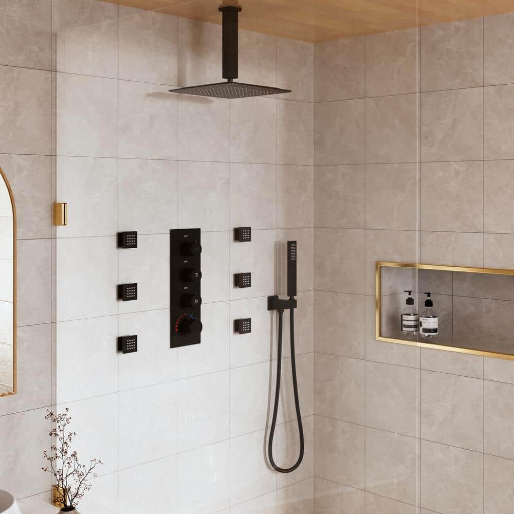 3-Function LED Light Thermostatic Rainfall Shower System with 6 Body Jets and Rough-in Valve