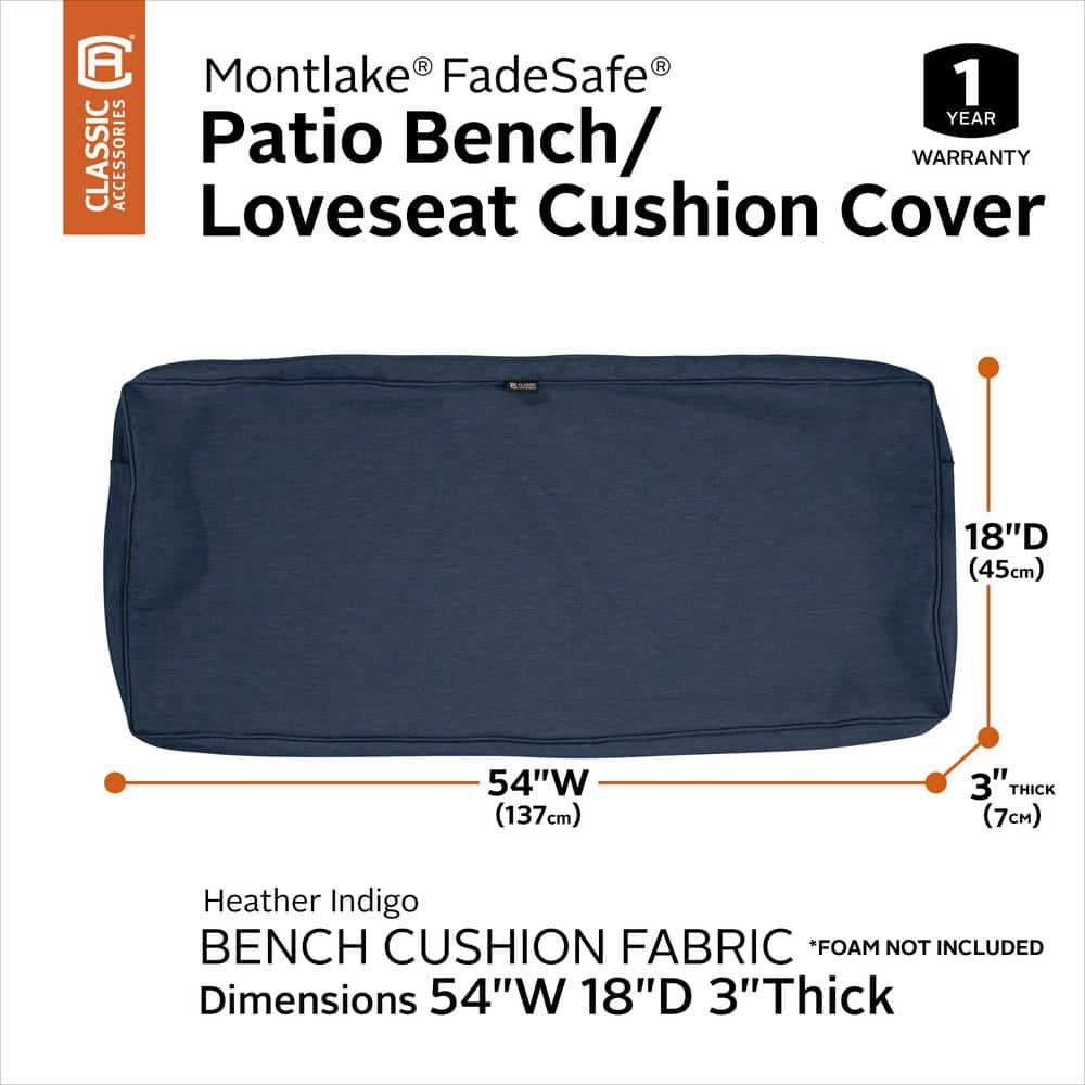 Classic Accessories Montlake FadeSafe Patio Bench/Settee Cushion Slip Cover - 3" Thick - Heavy Duty Outdoor Patio Cushion with Water Resistant Backing, Heather Indigo Blue, 54"W x 18"D x 3"T