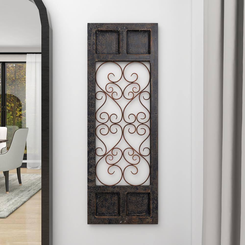 Olivia & May Traditional Wood Scroll Window Inspired Wall Decor with Metal Scrollwork Relief Brown: Vertical Iron Frame, Carved Art Object