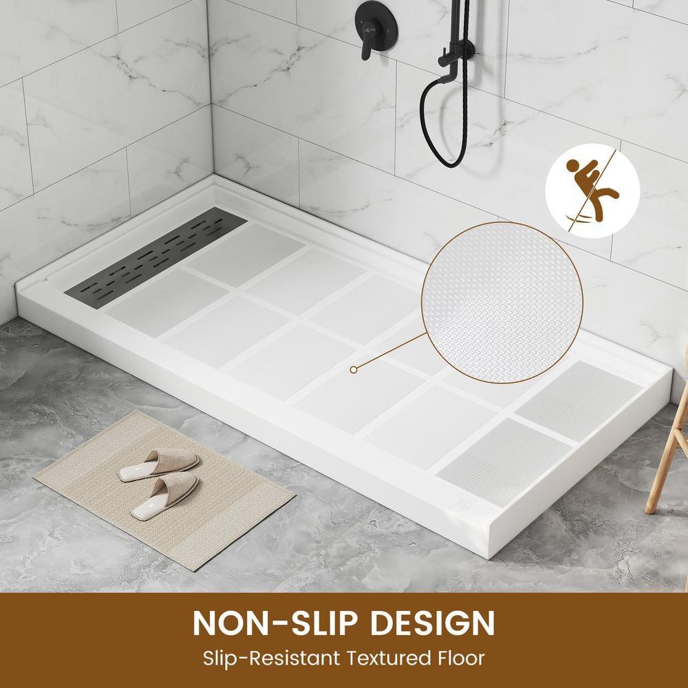 CASAINC 60"W 30/32"D Single Threshold SMC Shower Base Anti-Slip Shower Pan with Drain Assembly & Drain Cover CABR2501WH6030L