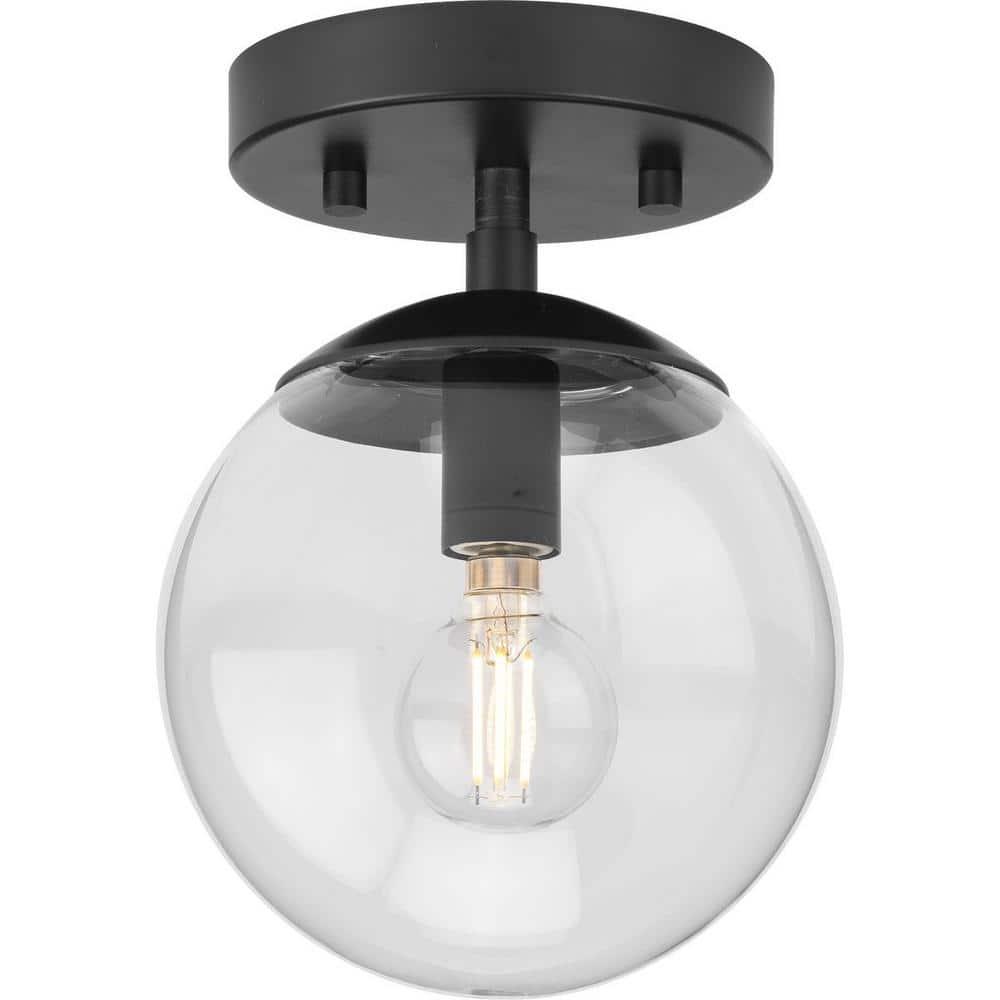 Progress Lighting Atwell 1-Light Flush Mount Ceiling Light in Matte Black with Clear Glass Globe Shade