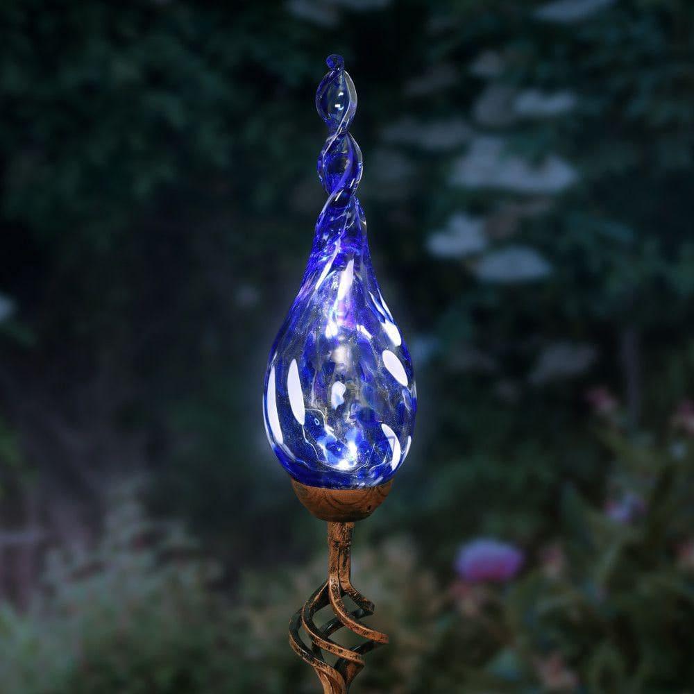 Exhart Exhart Solar Pearlized Hand Blown Glass Twisted Flame Garden Stake with Metal Finial Detail, 36 Inch