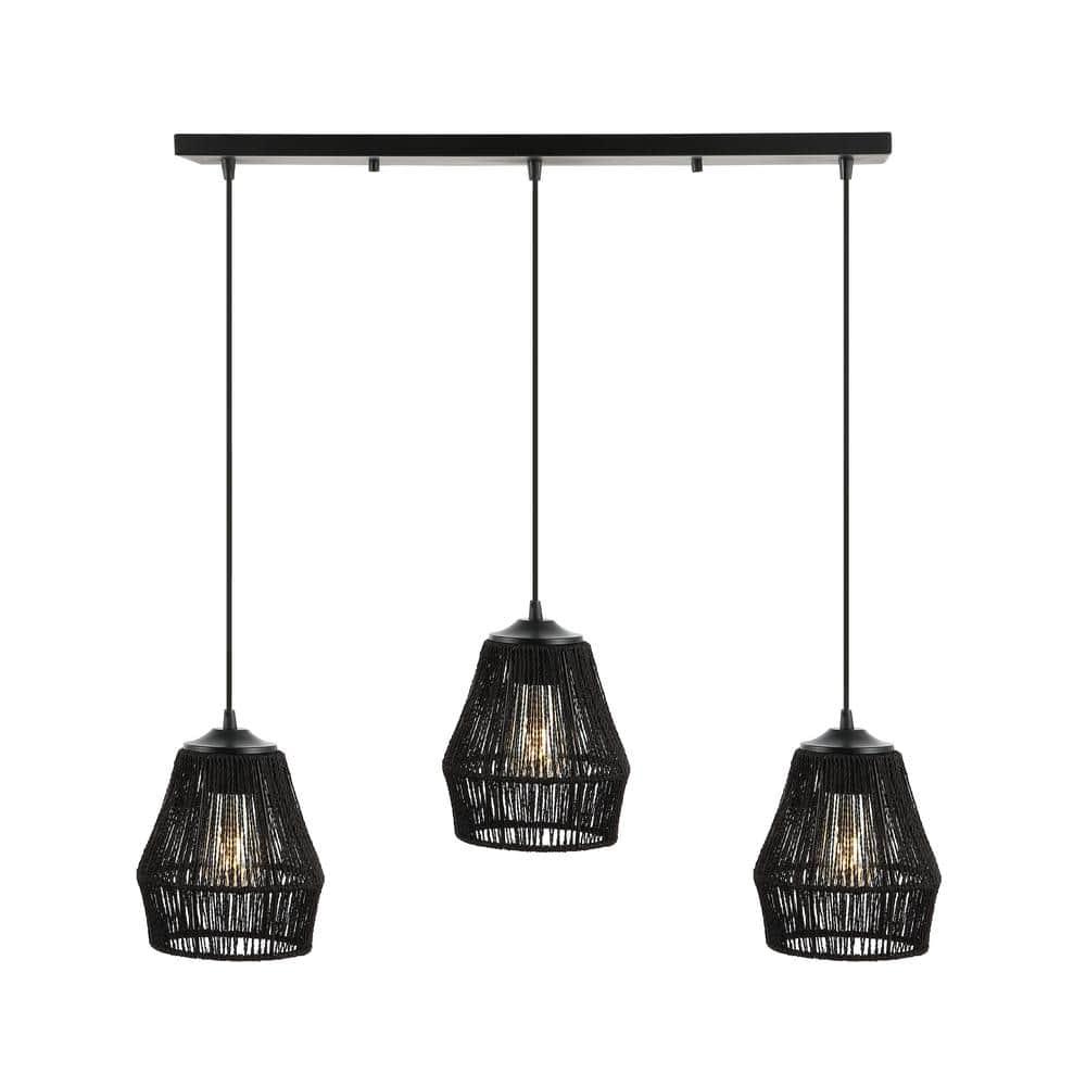 30" 3-Light Ibiza Island Woven Rope/Metal Bohemian Coastal Linear Pendant (Includes LED Light Bulb) Black - JONATHAN Y