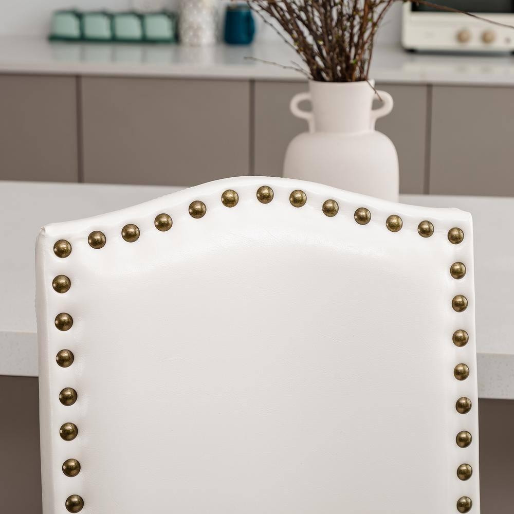 Set of 2 Leatherette PU Barstools with Studded Decor Off White - Glitzhome: Rubberwood Frame, Footrest, Modern Style