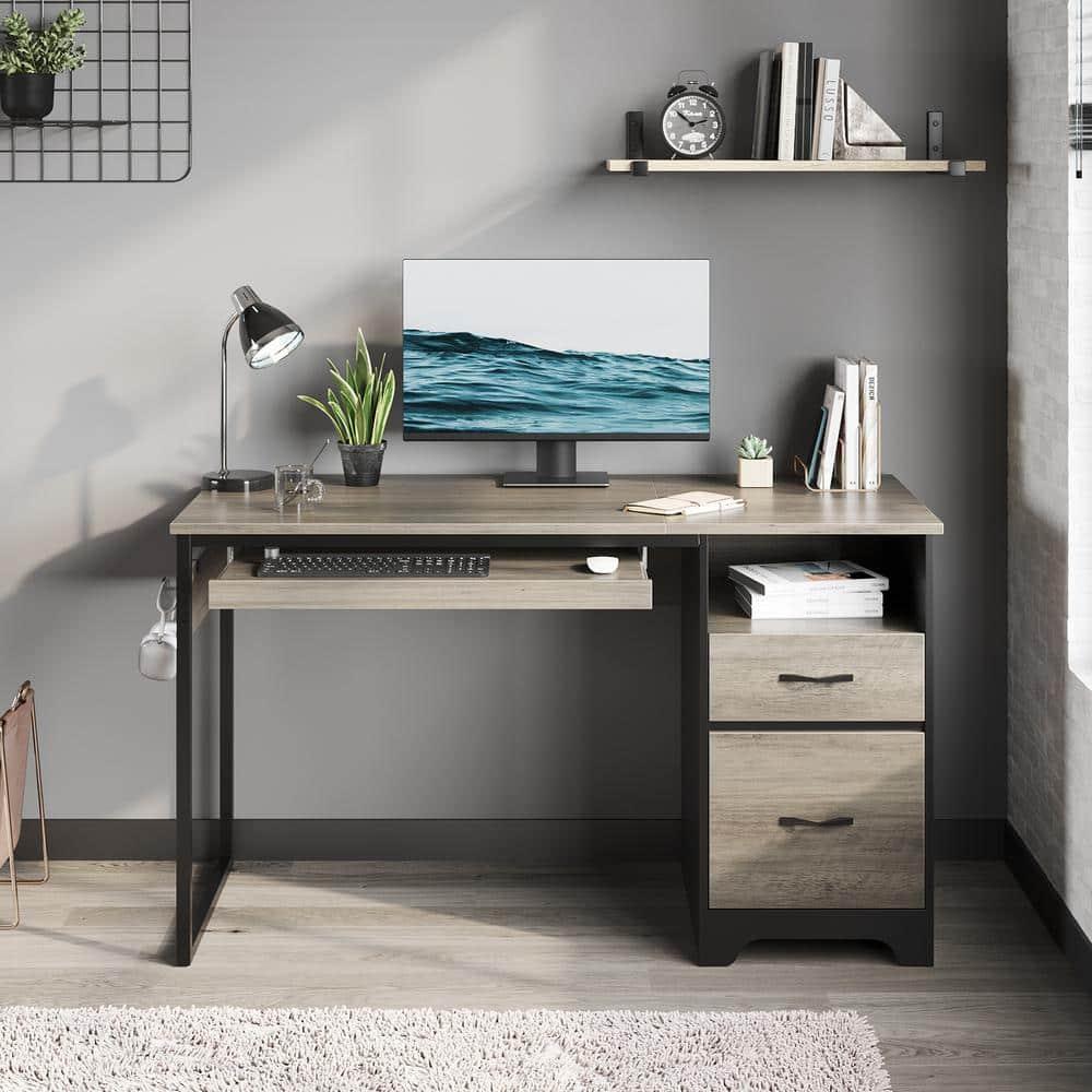 Bestier 48” Office Desk with Drawers, Computer Writing Desk with Keyboard Tray & 2 Hooks for Home Office, Gray