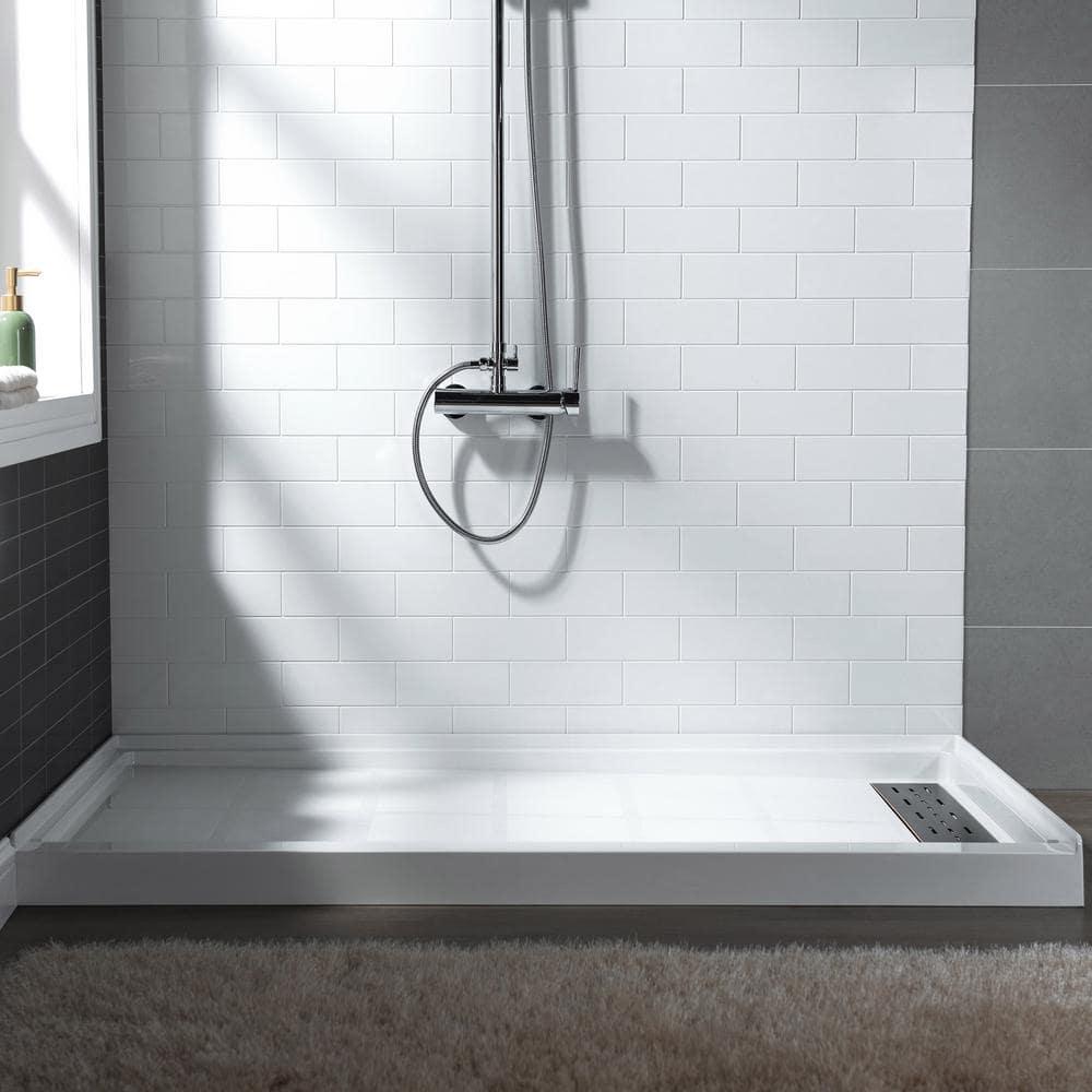 60" x 36" Solid Surface Single Threshold Shower Pan Base with Drain Assembly & Drain Cover Included, Non-Slip